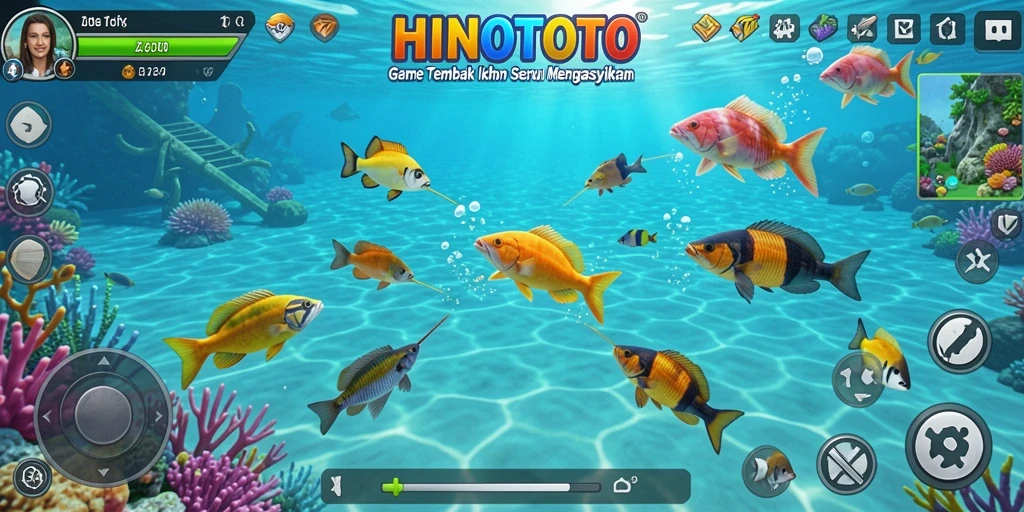Tampilan gameplay HINOTOTO dengan aksi menembak ikan yang seru.