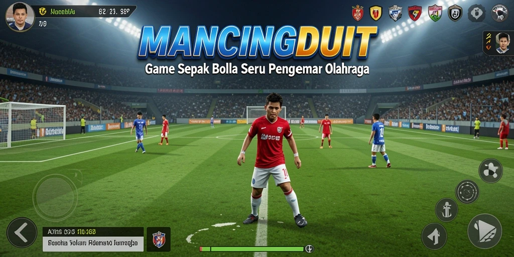 Tangkapan layar gameplay MANCINGDUIT menampilkan aksi menegangkan di lapangan sepak bola.
