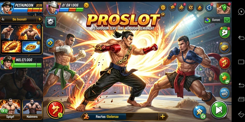 Screenshot utama menunjukkan pertarungan intens di arena <strong>PROSLOT</strong>.