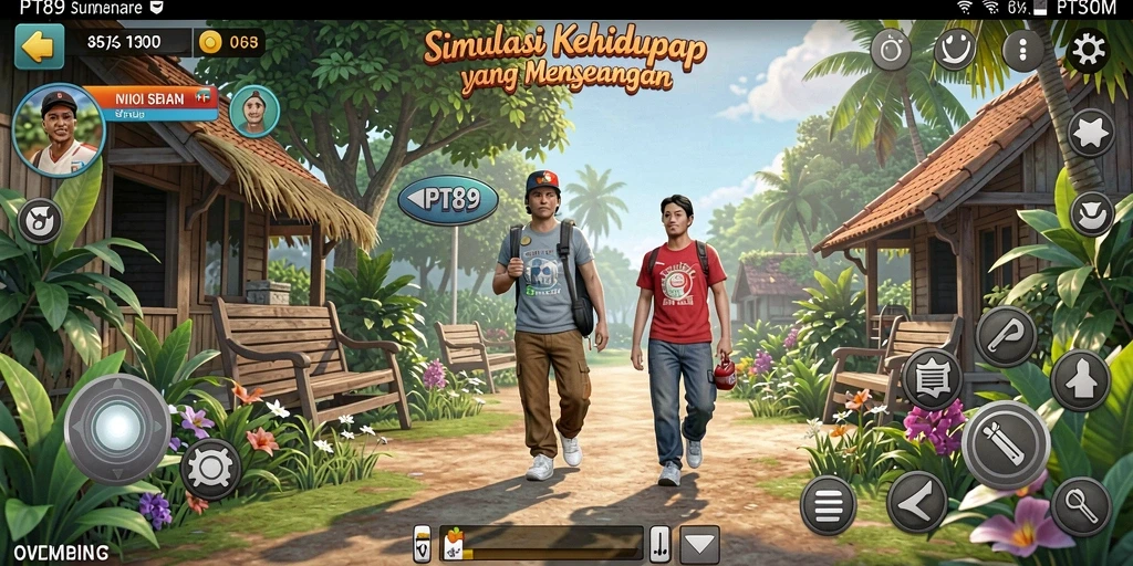Tangkapan layar dari gameplay interaktif PT89 yang menggambarkan aktivitas sehari-hari.