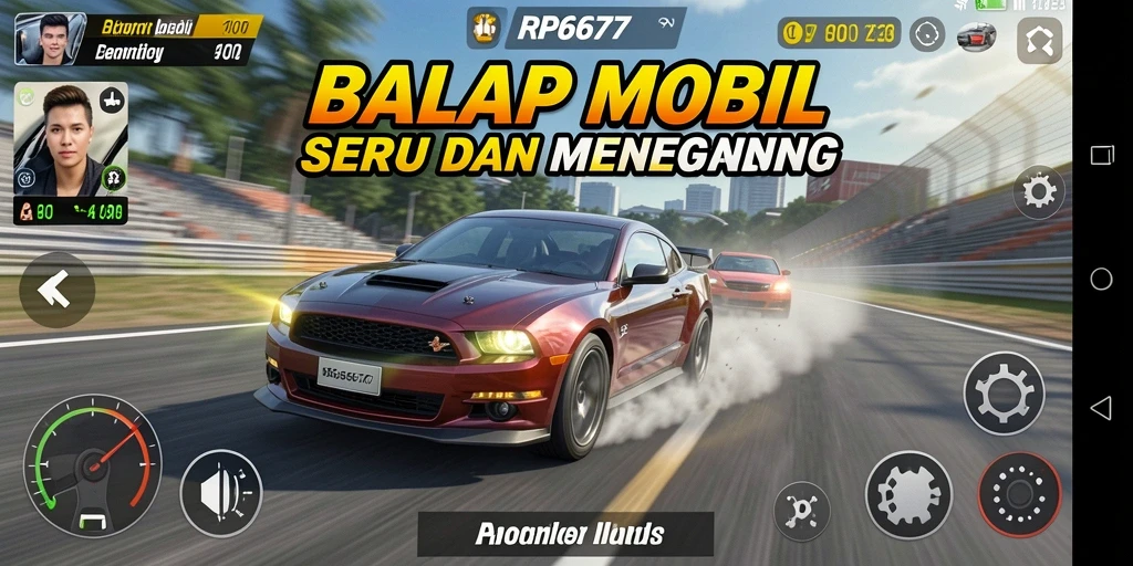Screenshot utama RP6677 menampilkan aksi balap mobil yang mendebarkan di lintasan.