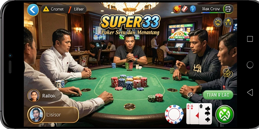 Tampilan seru gameplay Poker di SUPER33 yang menegangkan.