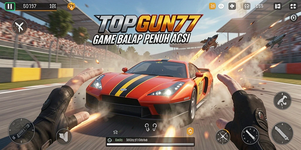 Screenshot dari gameplay balap yang mendebarkan di TOPGUN77.
