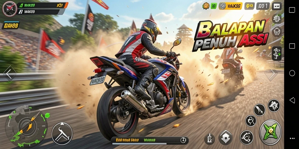 Tampilan gameplay balapan motor yang seru dan mendebarkan.